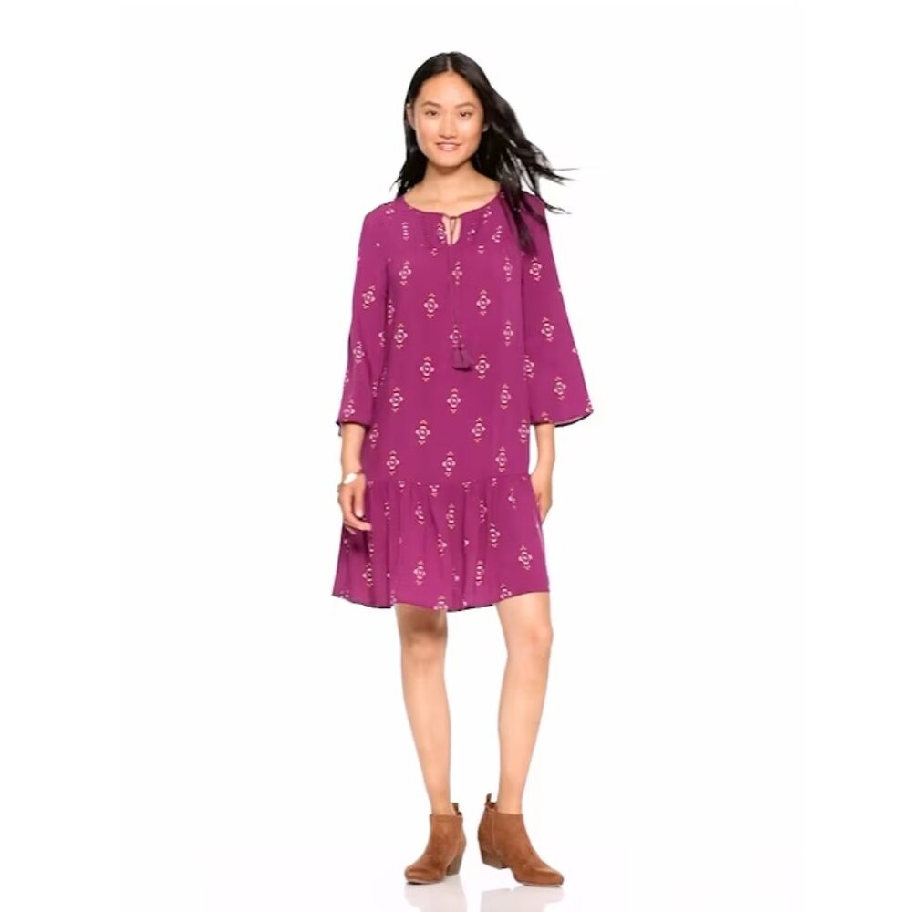Old Navy 3/4 Sleeve Pintuck Swing Tiered Knee Length Short Relaxed Print Dress L